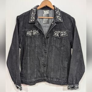 Vocal Denim Black Jean Jacket with Pearl Details, Women's Large, New With Tags